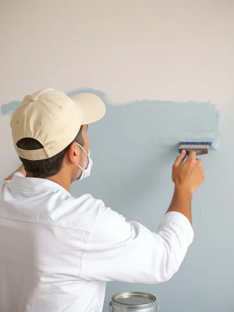 A professional painter applying fresh paint to a living room wall with a smooth finish, showcasing LEDMA PAINTING's interior painting service.