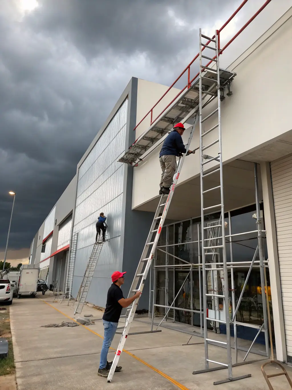 A team of painters applying weather-resistant paint to the exterior of a building, demonstrating LEDMA PAINTING's expertise in exterior painting.