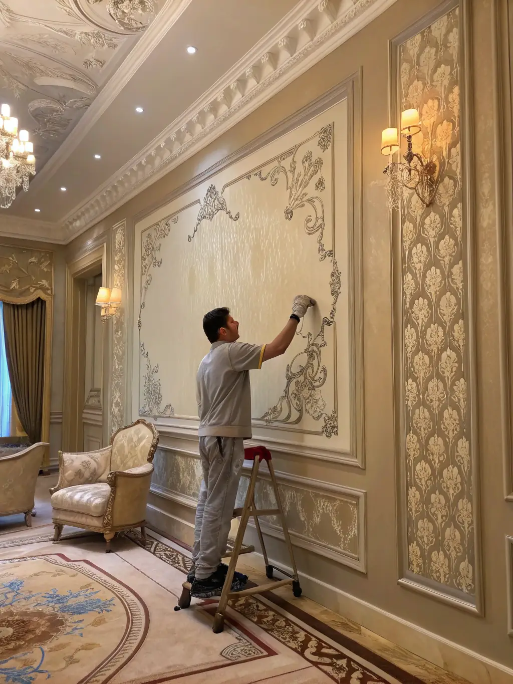 A painter meticulously preparing a surface for painting, showcasing LEDMA PAINTING's commitment to quality preparation work.
